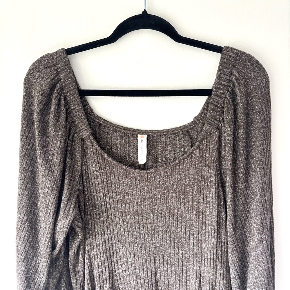 Anthropologie Daily Practice Ribbed Grey Mini Sweater Dress Puff Sleeves Boho - Picture 5 of 11